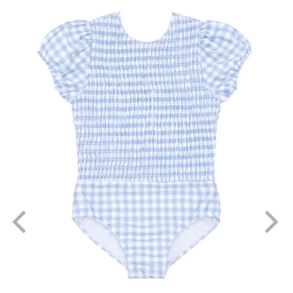Minnow oasis blue gingham puff sleeve smocked one piece 9/10